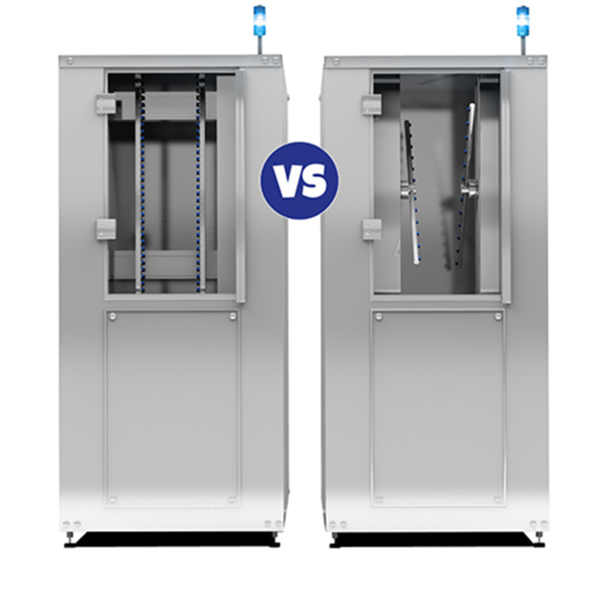 Two cleaning systems face each other. One system is equipped with a linear spraying system and the other with a rotating one.  | © Zestron