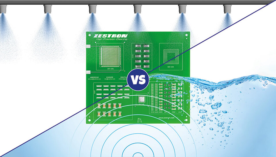 Es wir eine Grafik gezeigt von Ultraschallreinigung und Spritzverfahren bei der Reinigung von Baugruppen. | © Zestron
