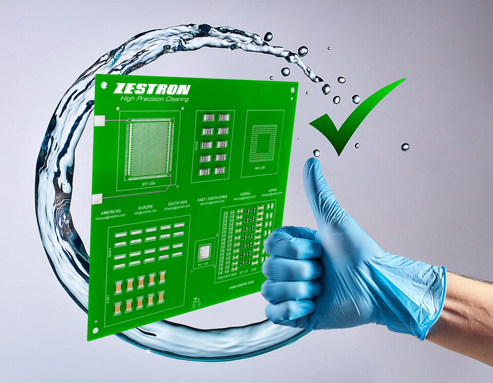 Eine Leiterplatte ist von Spülwasser umgeben und eine Hand mit Daumen nach oben ist zu sehen, um die Qualität der Baugruppenreinigung darzustellen. | © @Zestron