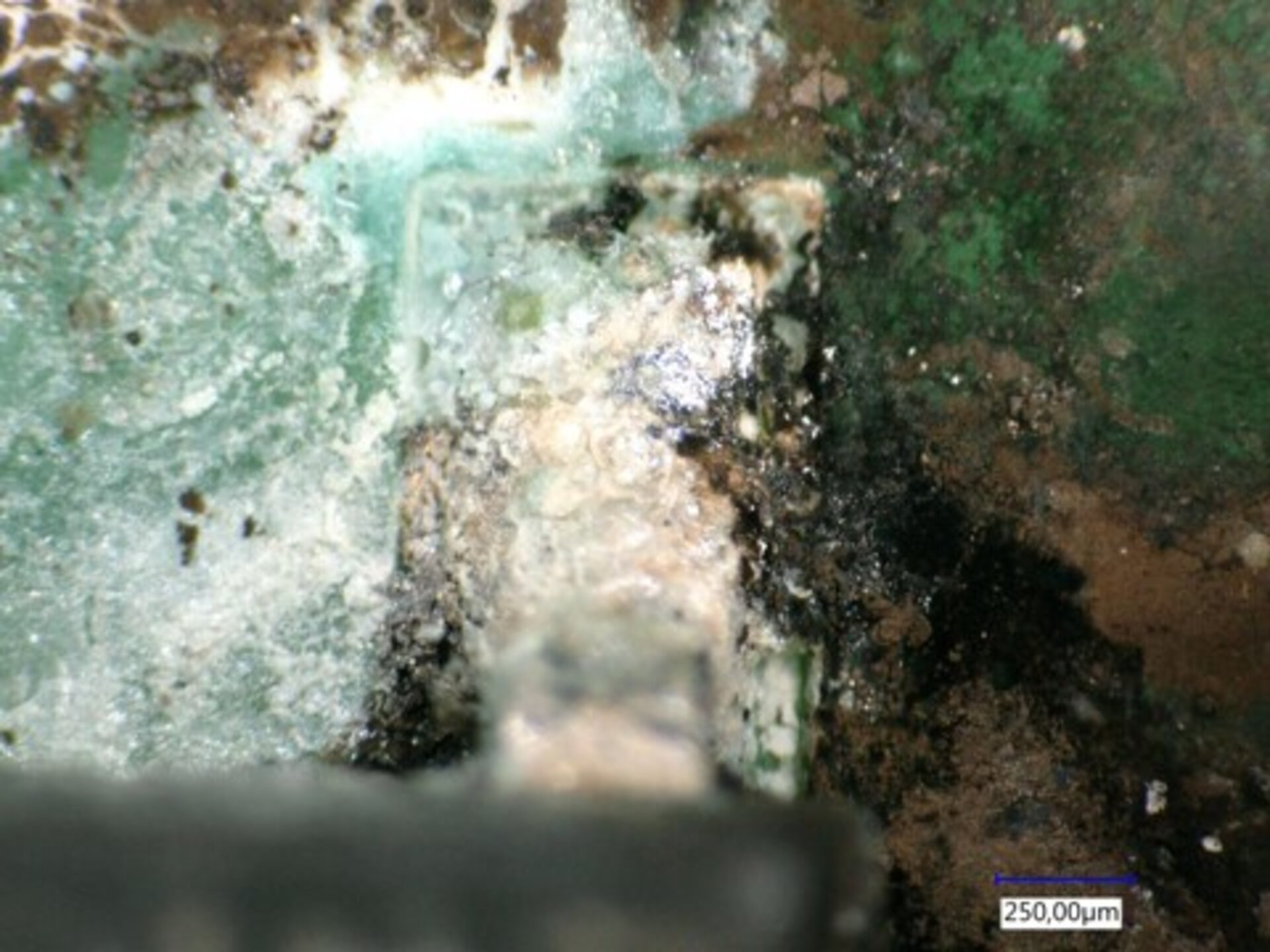 On peut voir un gros plan de la corrosion et de la décoloration verte, la corrosion favorisant dans certains cas la formation de courants de fuite. | © Zestron