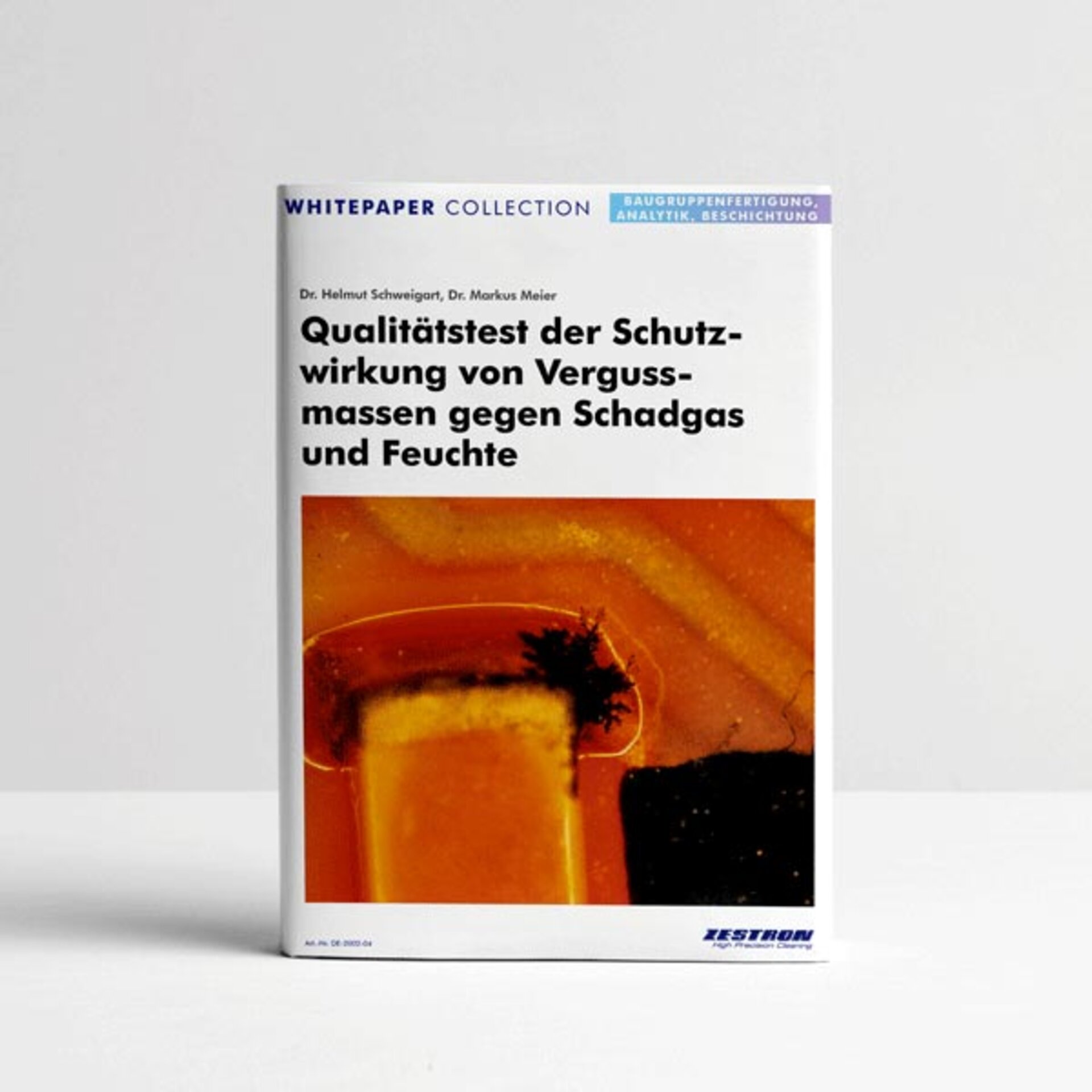 Das Bild zeigt das Titelblatt eines Whitepapers über die Qualitätsprüfung der Schutzwirkung von Vergussmassen gegen Schadgase und Feuchtigkeit. | © Zestron