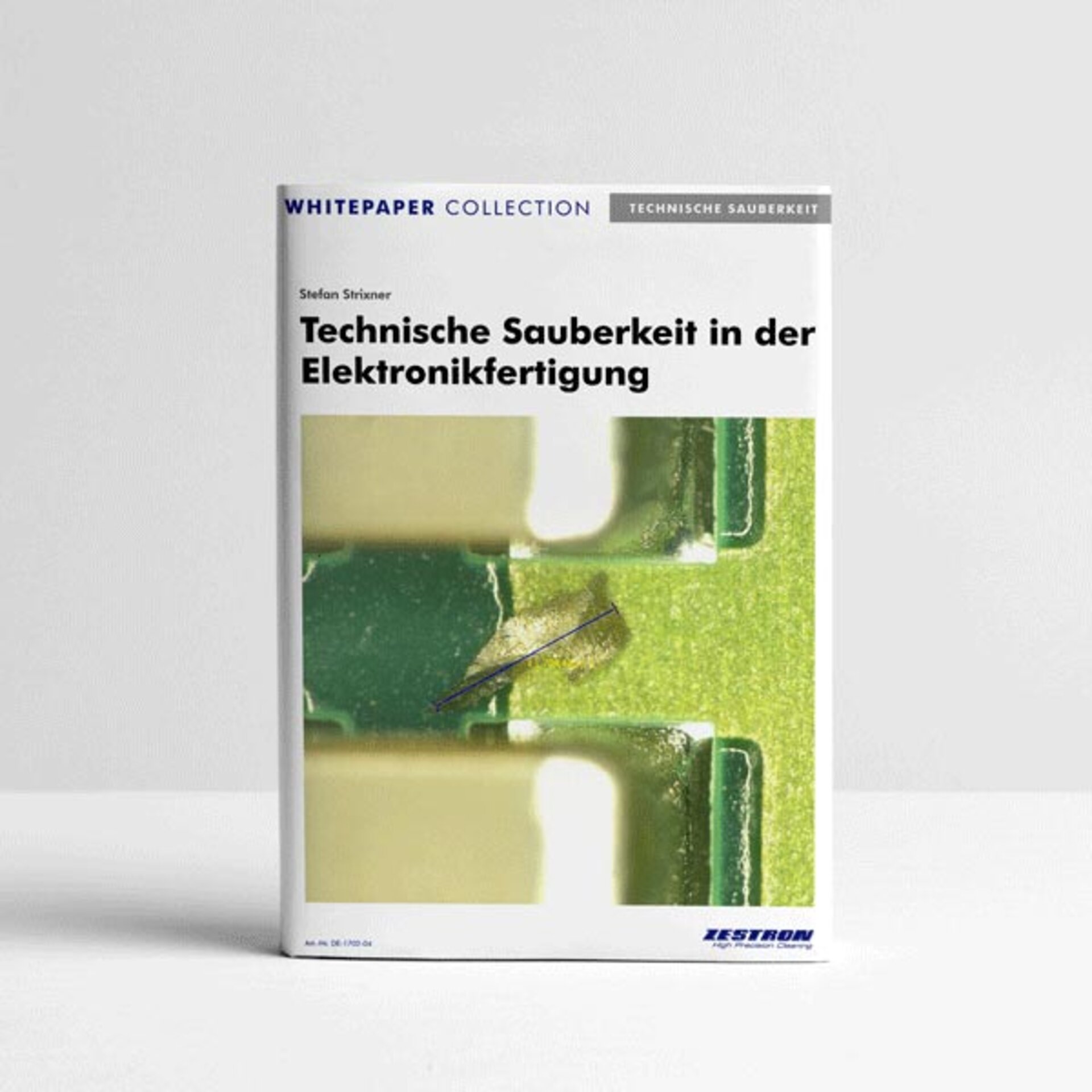 Das Bild zeigt das Cover von einem Whitepaper über die Technische Sauberkeit in der Elektronikfertigung. Es behandelt die Risiken durch Partikelverunreinigungen und Gegenmaßnahmen.