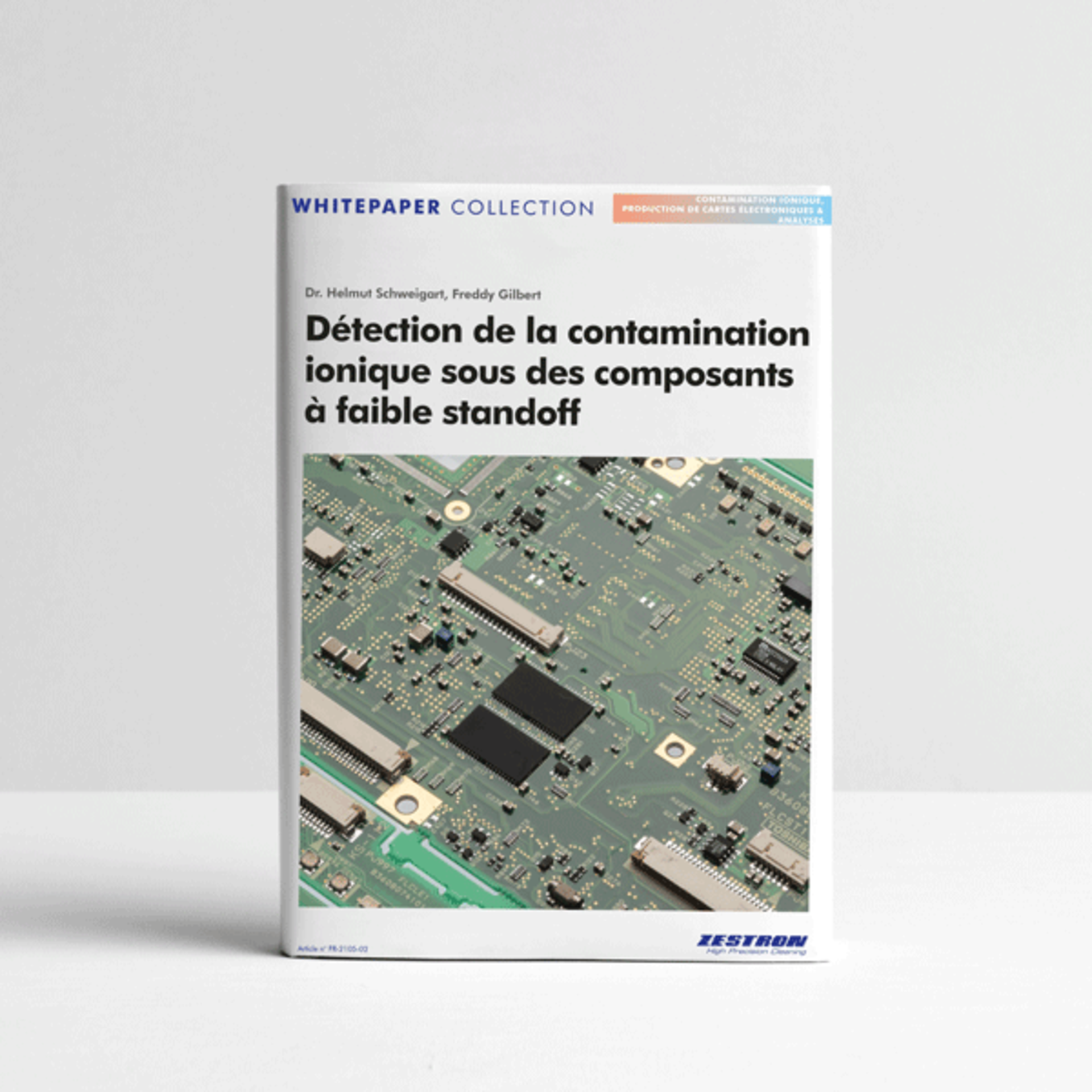 "L'image montre la couverture d'un livre blanc sur le thème de la Détection de la contamination ionique sous des composants à faible standoff. | © Zestron