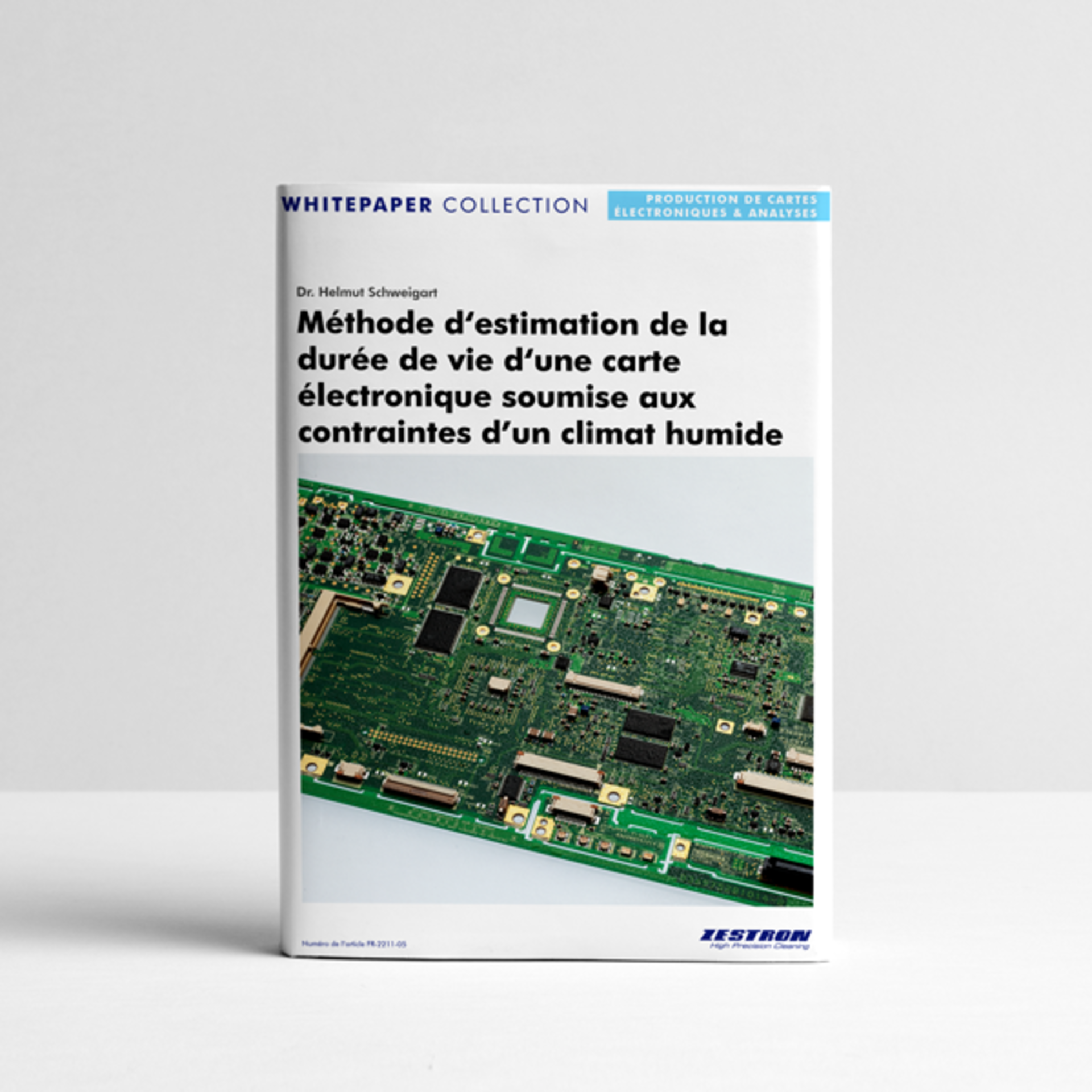 L'image montre la couverture d'un livre blanc sur le thème de la méthode d’estimation de la durée de vie d’une carte électronique soumise aux contraintes d’un climat humide. | © Zestron