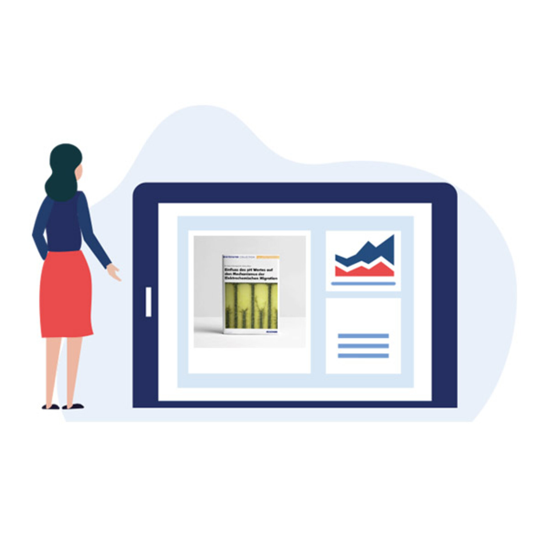 L'image montre un personnage debout devant une tablette sur laquelle est affichée la couverture d'un livre blanc. | © Zestron 