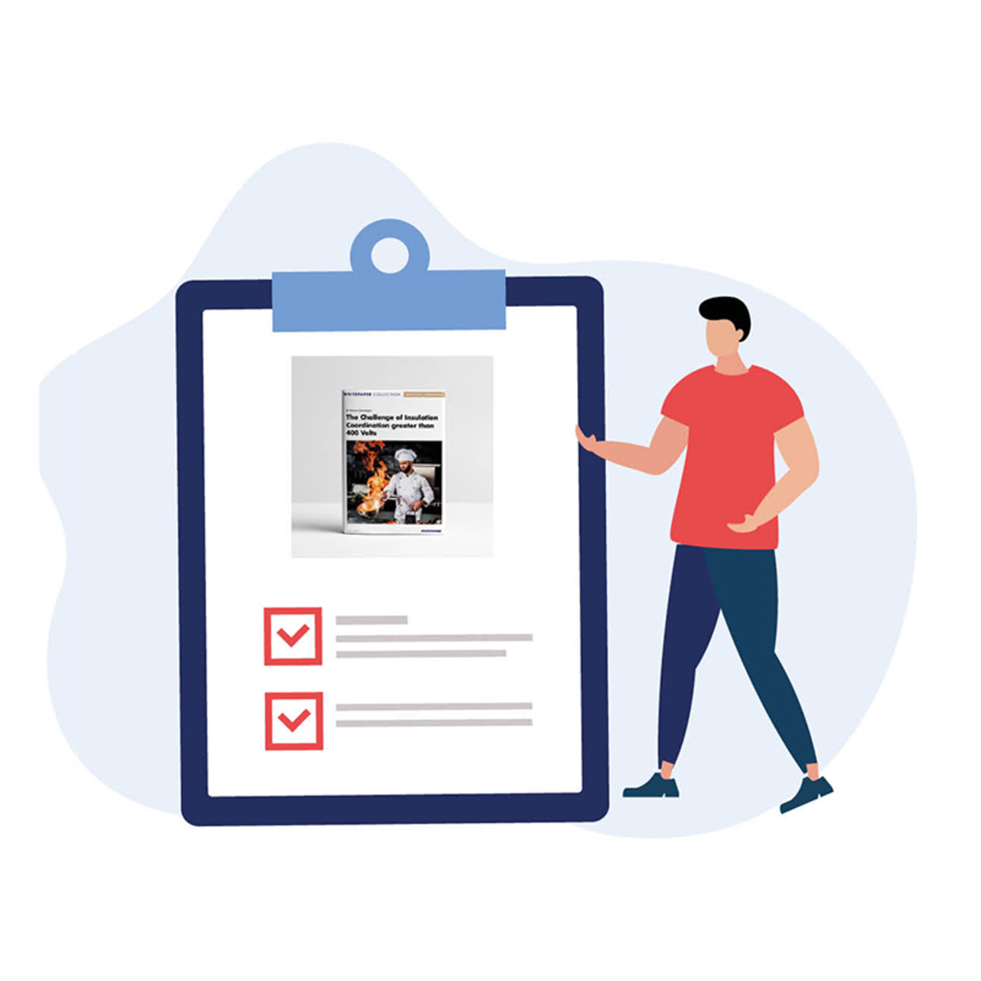 Das Bild zeigt eine Figur, die eine Checkliste für ein Whitepaper überprüft. | © Zestron 