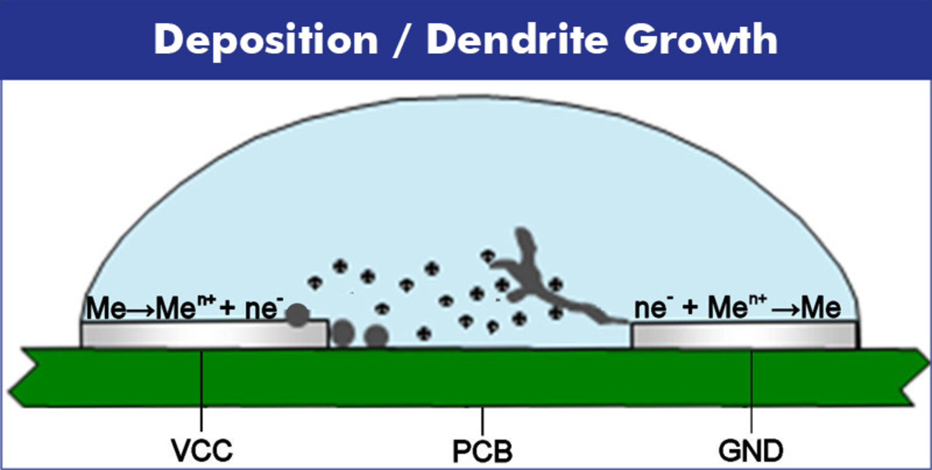 L'illustration montre la croissance de dentrides sur la surface d'un assemblage causée par la migration électrochimique.