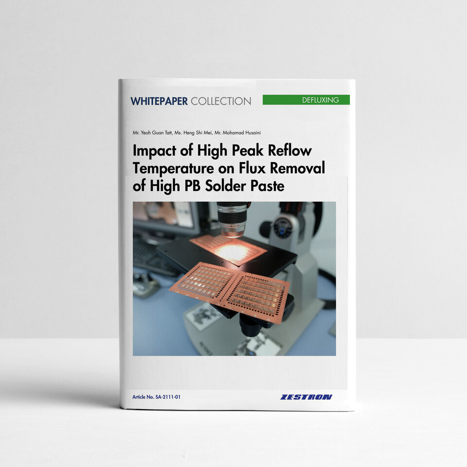 Whitepaper Cover - Impact of High Peak Reflow Temperature on Flux Removal of High PB Solder Paste | © Zestron
