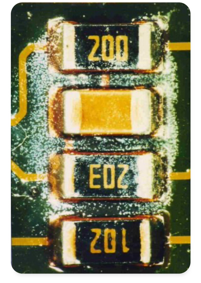 conformal coating components dirty from failure before cleaning 