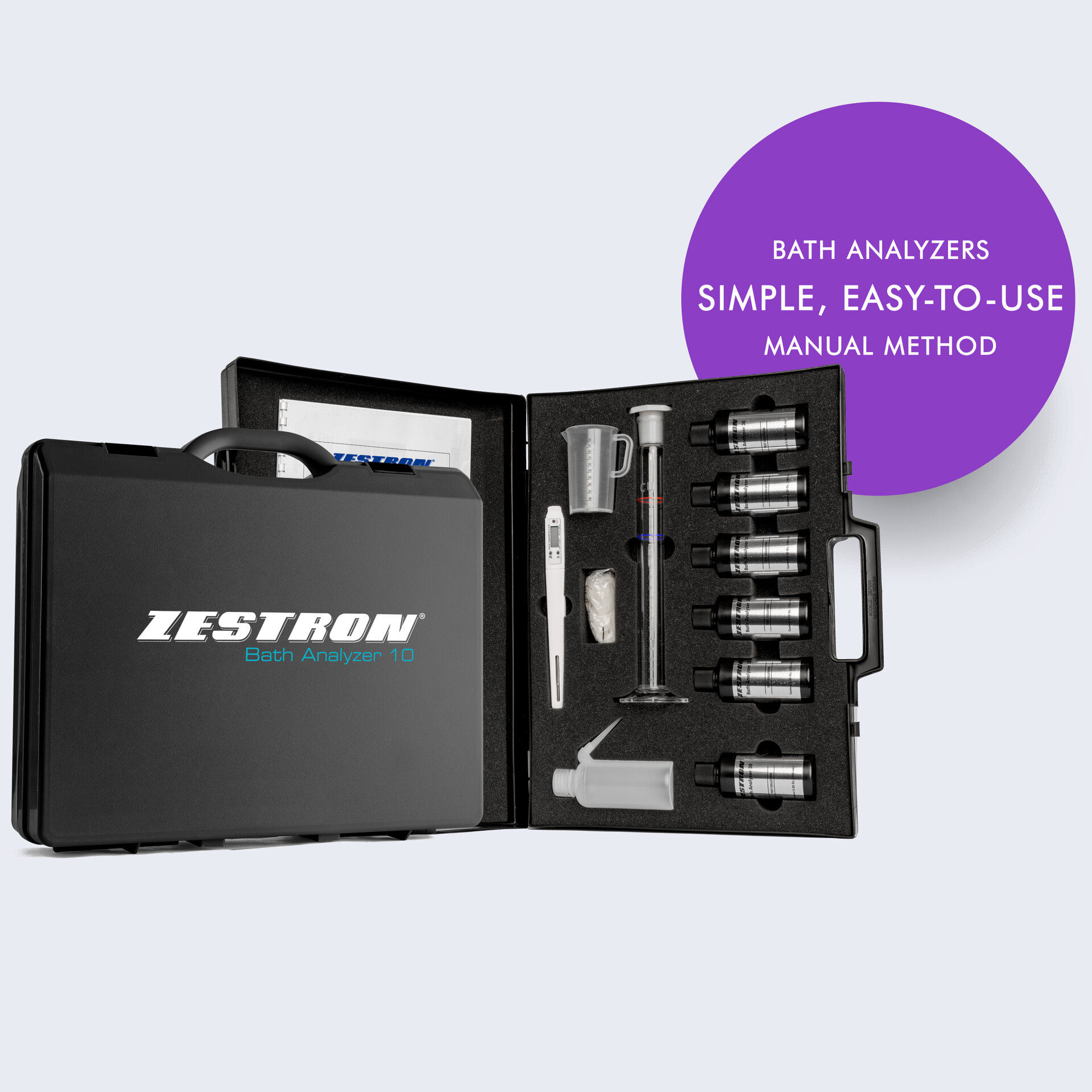zestron bath analyzer 10 kit open showing testing bottle 