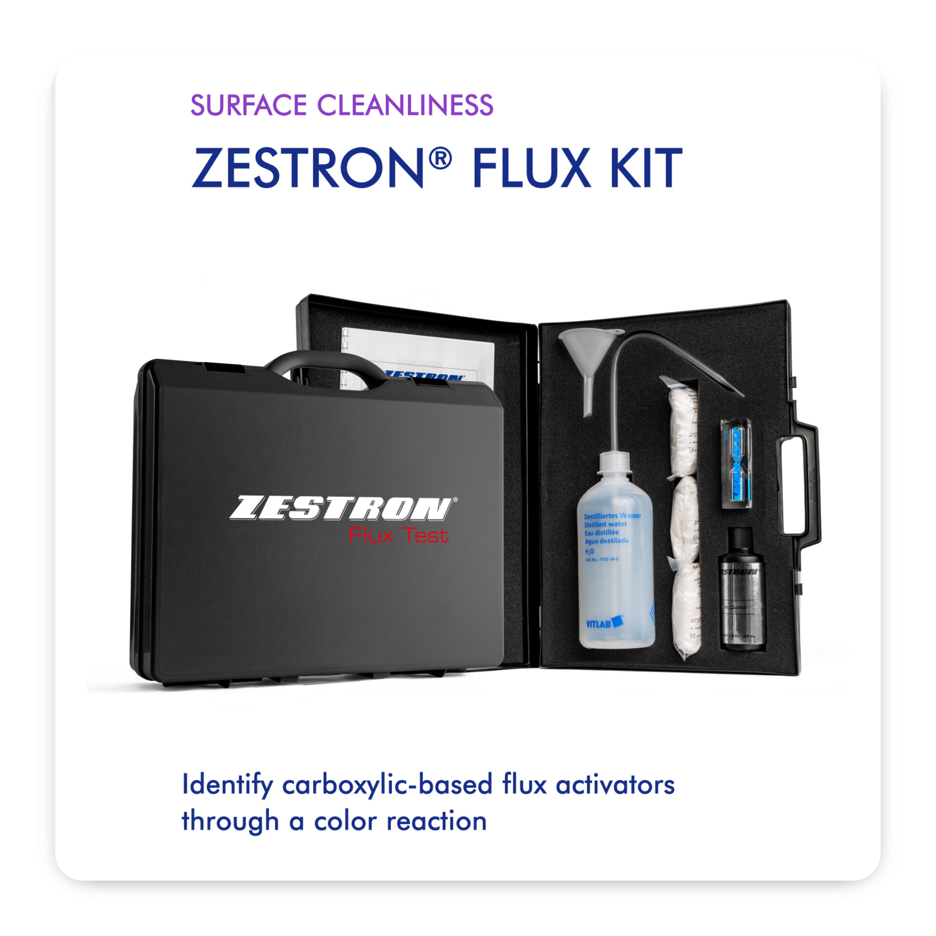 zestron flux test kit open showing products 