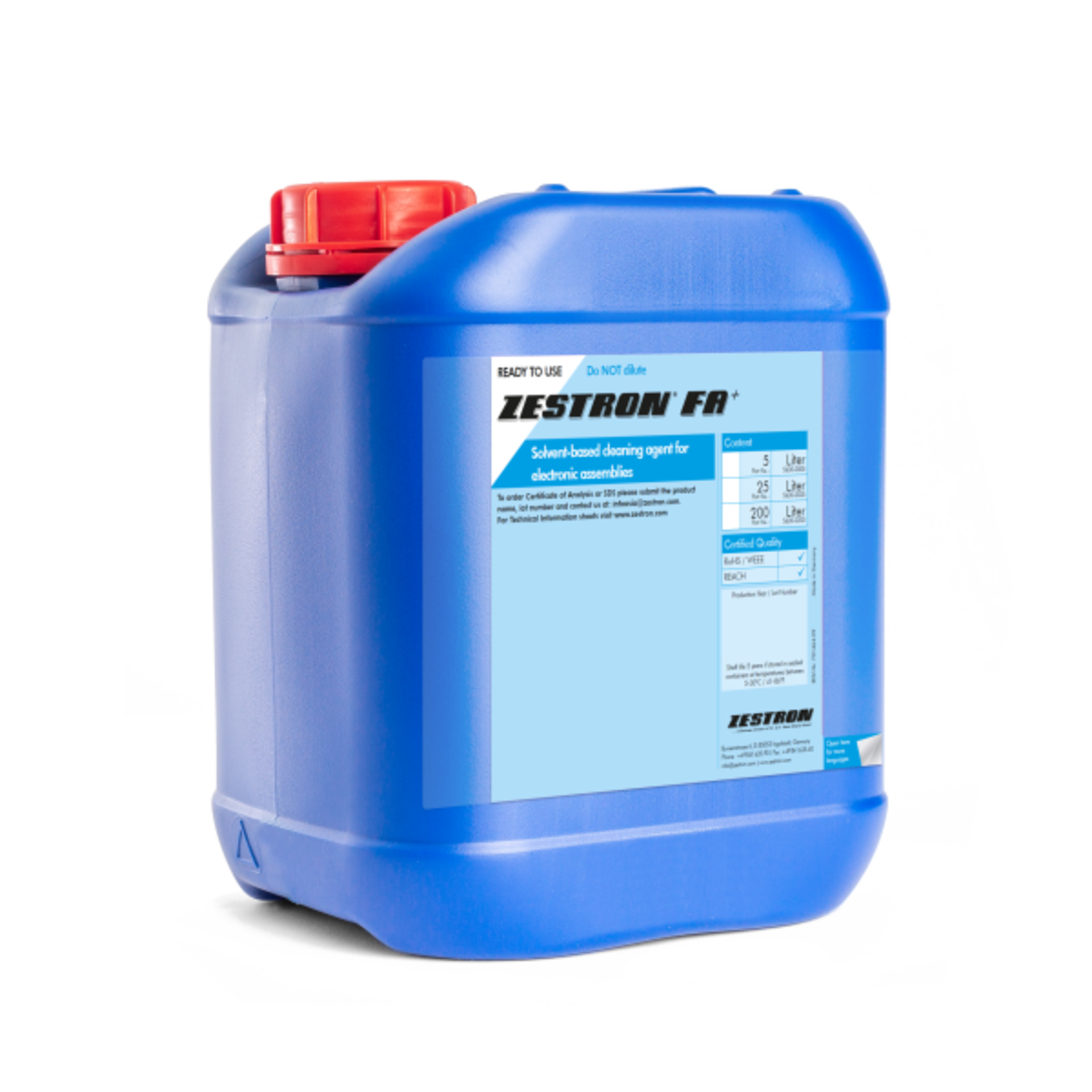 Das Bild zeigt einen Kanister von ZESTRON FA Lösemittelreiniger, der für die Flussmittelentfernung in halbwässrigen Prozessen verwendet wird. | © @Zestron 