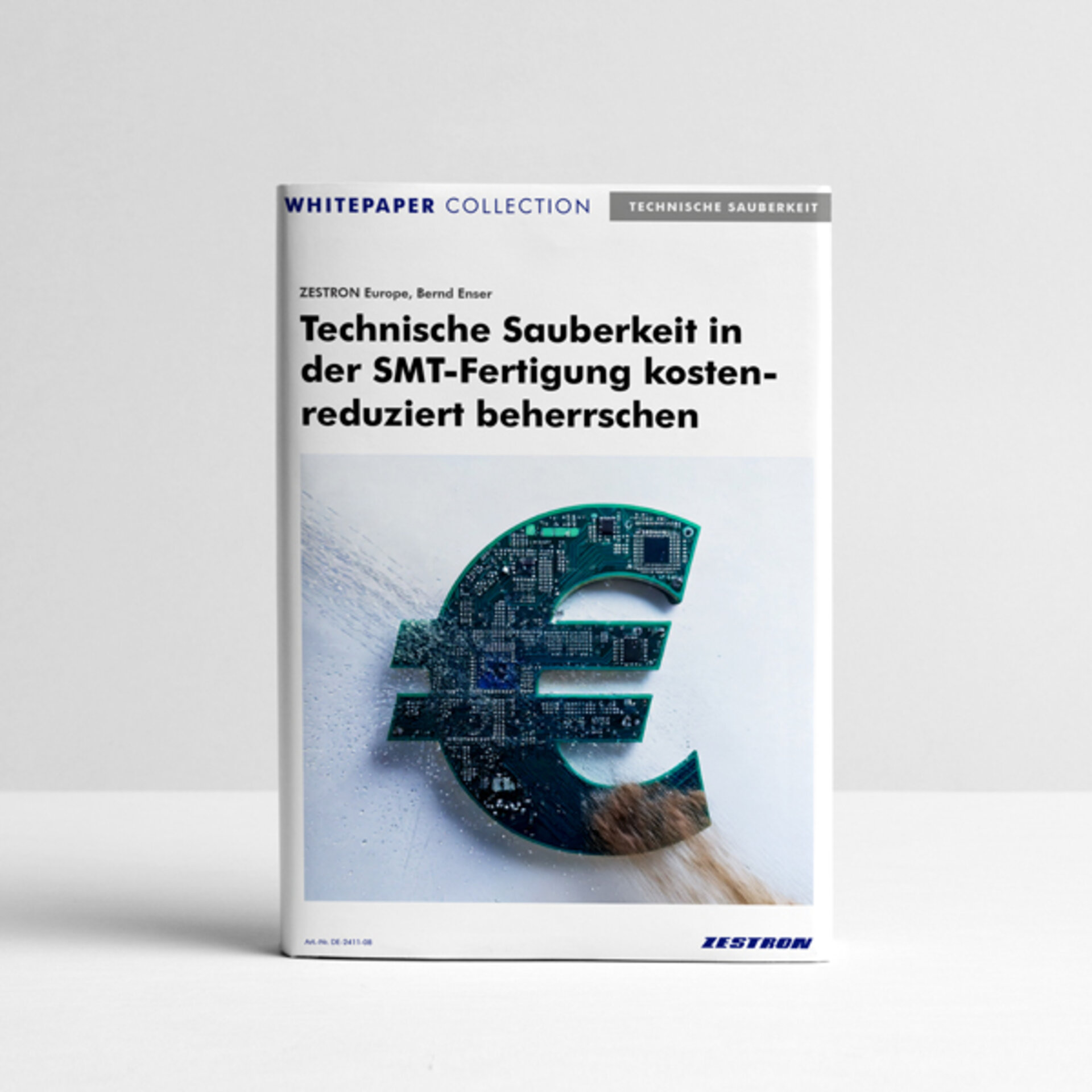Whitepaper-Cover mit dem Titel Technische Sauberkeit in der SMT-Fertigung kostenreduziert beherrschen. Erfahren Sie mehr über Sauberraum- und Reinigungsprozesse. | © Zestron 