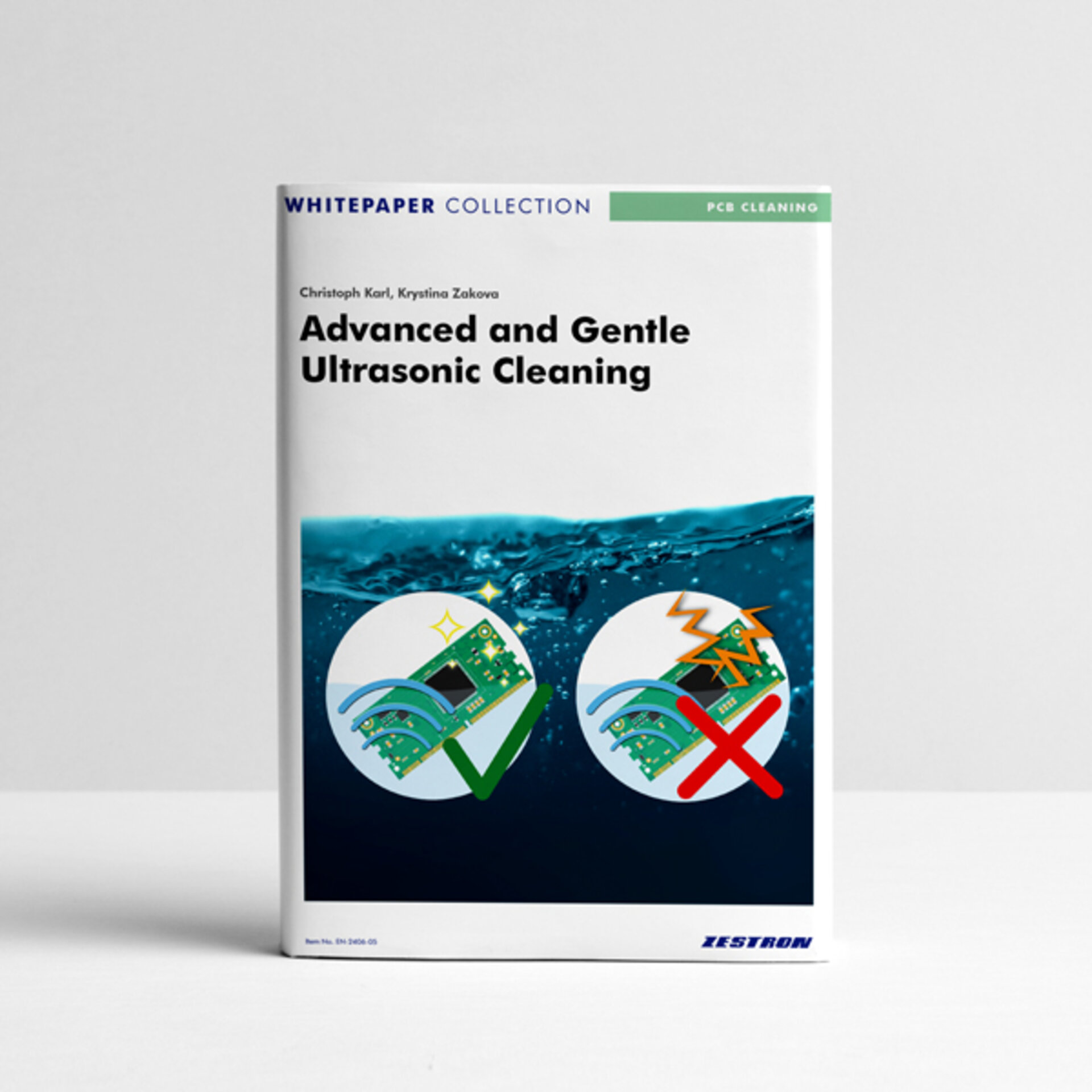 The image shows the cover of a white paper on the subject of modern and gentle ultrasonic cleaning. | © Zestron 